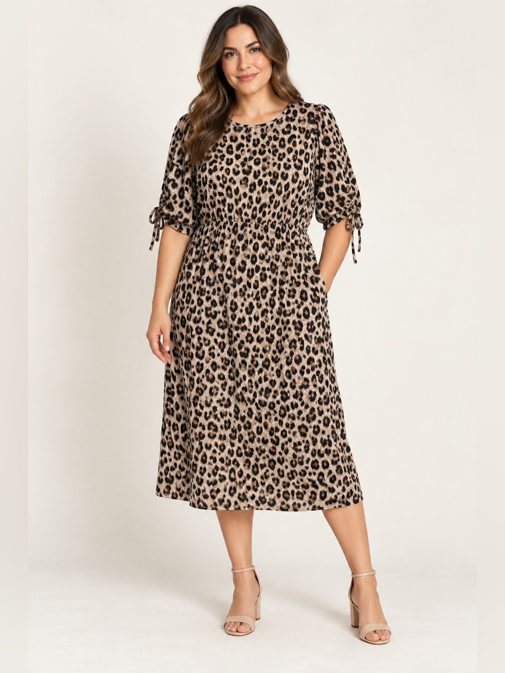 SHEIN Leopard Print Tie-Sleeve Midi Dress Size Large